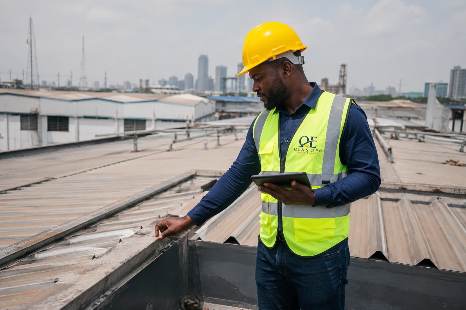 Solar engineer conducting site assessment at a Nigerian factory before commercial solar installation