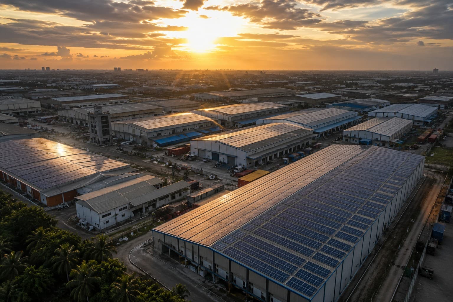 Wide view of commercial solar panels covering multiple factory buildings in a Nigerian industrial zone