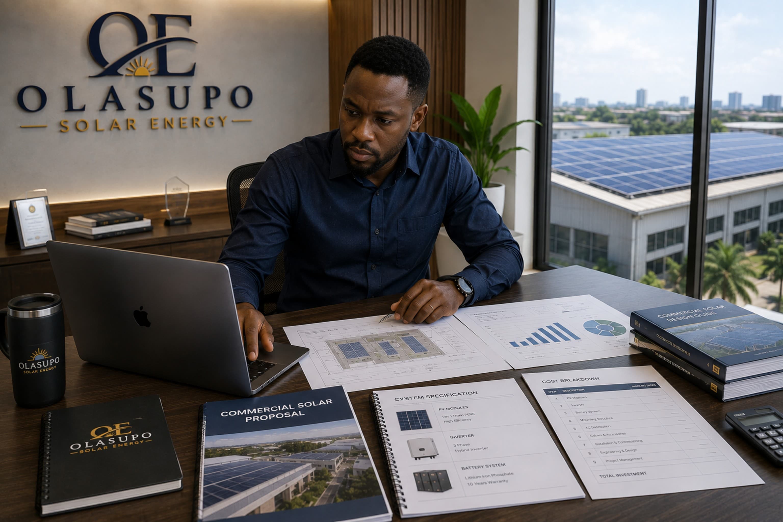 Olasupo Energy design team preparing a commercial solar system proposal and itemized cost breakdown