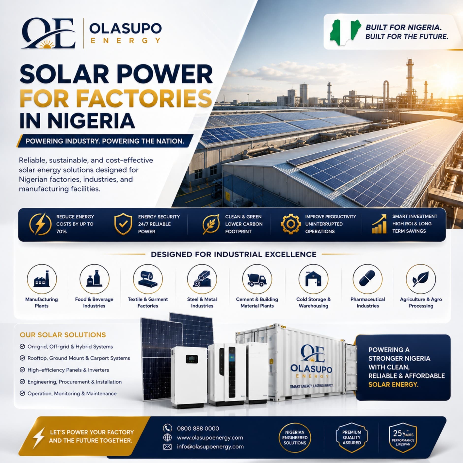 Chart comparing 10-year diesel generator costs against commercial solar costs for a Nigerian factory