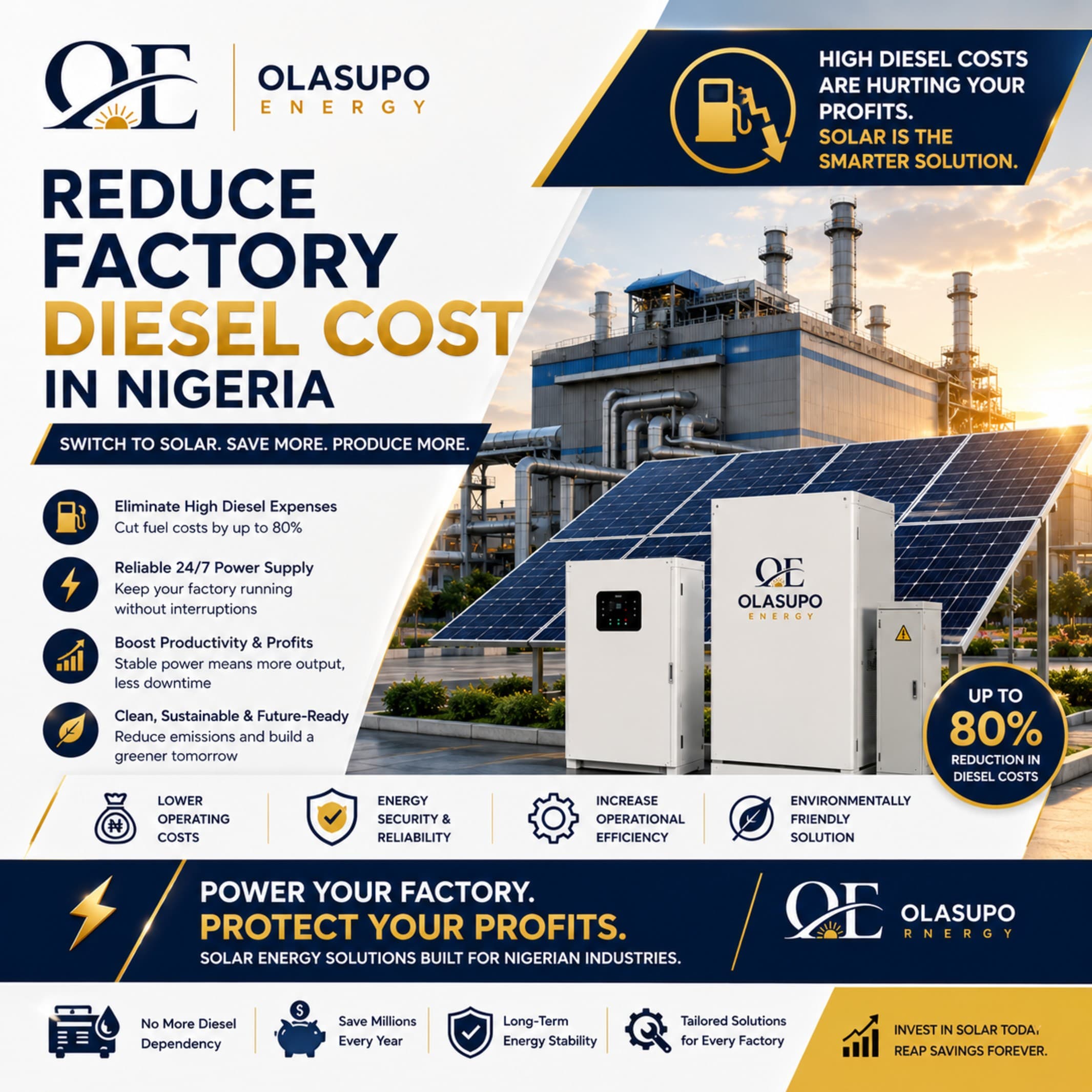 Chart comparing 10-year diesel generator costs against commercial solar costs for a Nigerian factory